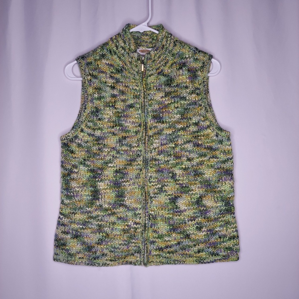 Talbots Sweater Vest Womens Small Zip Mock Neck Variegated Green Chunky Knit 90s
